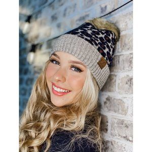Animal Print Fur Pom CC Beanie HAT2315  81-3